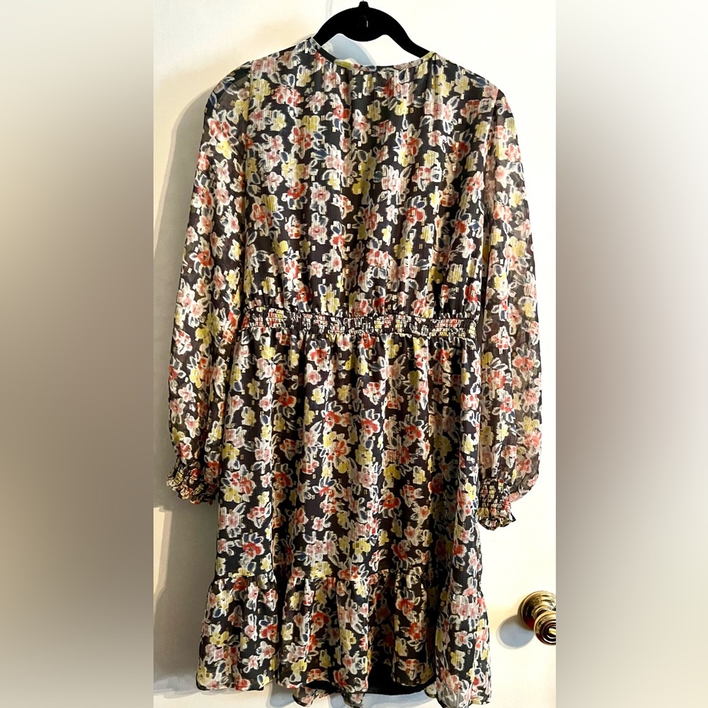 LOFT Shimmer Floral Botanical Smocked Flounce Long Sleeve‎ Dress-Size Medium